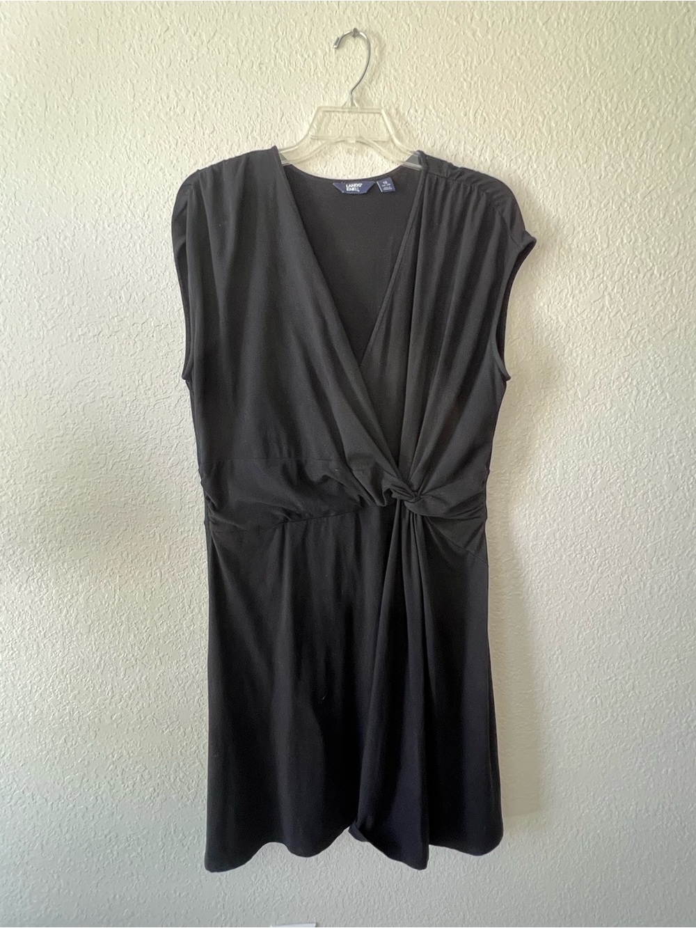 Lands' End Women’s Plus Size 1X Black Sleeveless Faux Wrap Dress Knit Casual